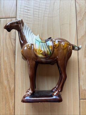 Vintage Chinese Tang Dynasty Style Ceramic War Horse. Sancai Drip Glaze.